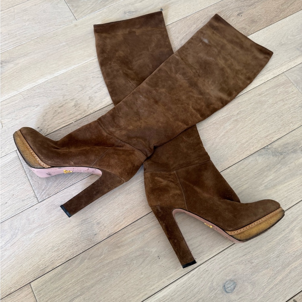 Prada Brown Suede Over-the-Knee High Heel Boots